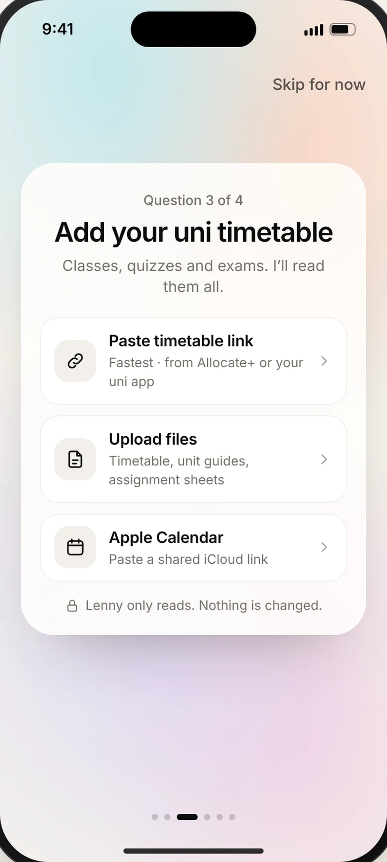 Setup question 3: add your uni timetable by link, files or Apple Calendar